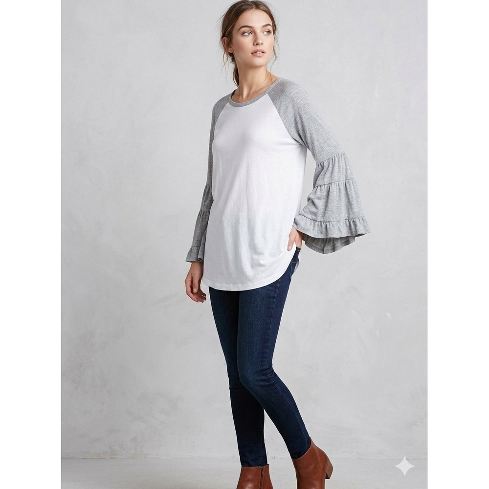 Three Bird Nest Womens Raglan Ruffle Sleeve Top White Gray Boho Large